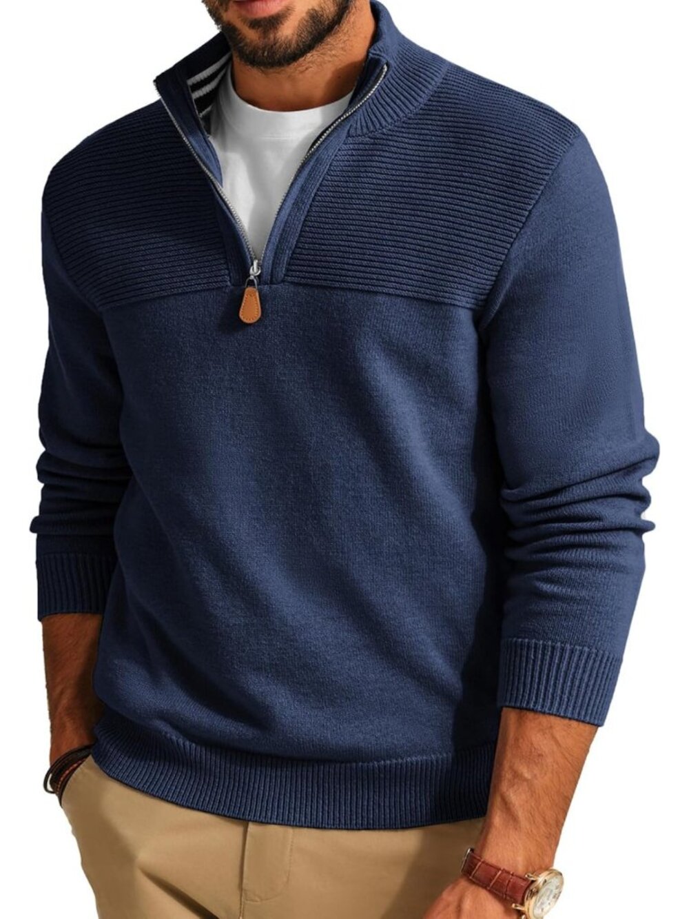 Men's Quarter Zip Mock Neck Pullover Sweater - Cozy Knit Layering Essential